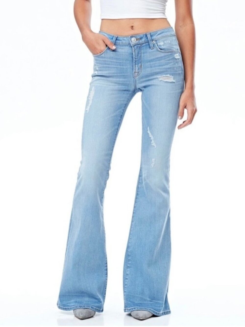 Hudson Mia Mid Rise Flare Jeans Size 27 Aura Light Wash Boho Western Distressed